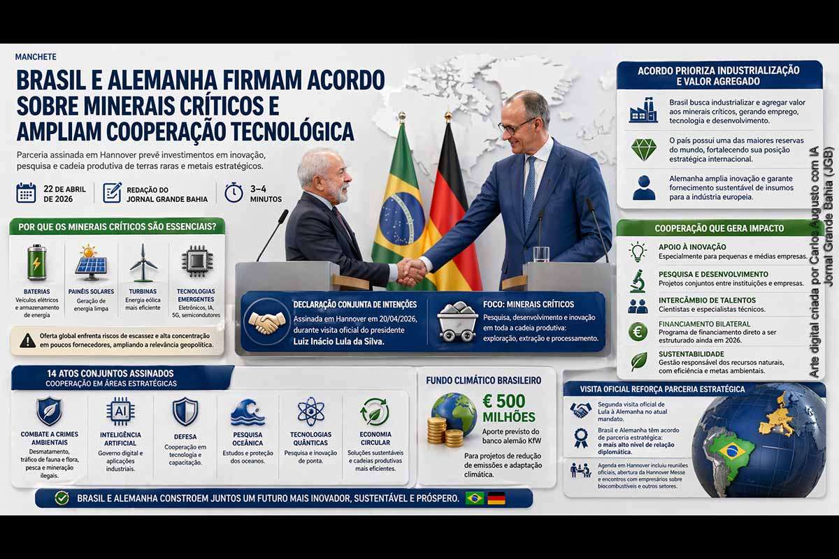 Brasil e Alemanha assinaram, em (20/04/2026), acordo para cooperação em minerais críticos, com foco em pesquisa, inovação e industrialização. A parceria busca fortalecer cadeias produtivas e reduzir dependência externa. Também foram firmados 14 atos em áreas como meio ambiente, inteligência artificial e clima, incluindo aporte de 500 milhões de euros em fundo climático.