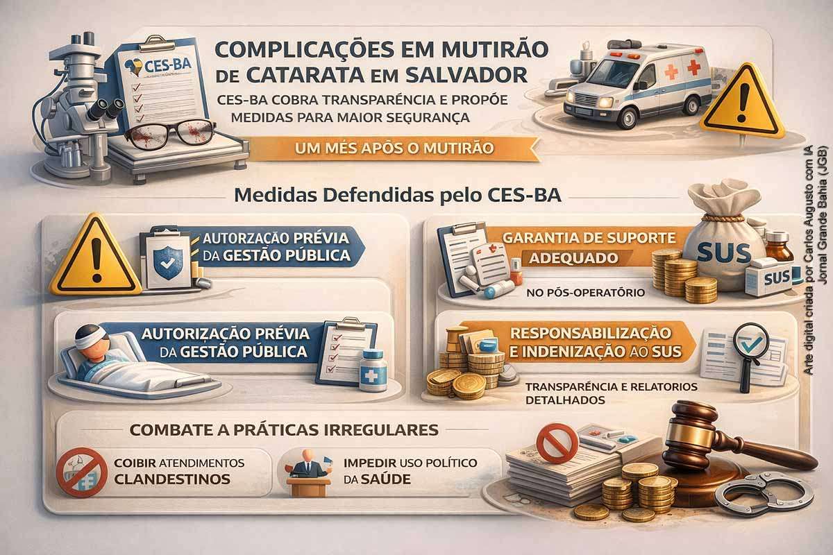 Um mês após complicações graves em mutirão de catarata em Salvador, o CES-BA cobra transparência nos resultados da perícia, responsabilização dos envolvidos e reparação integral aos pacientes. O Conselho propõe novas regras para mutirões, incluindo autorização prévia, acompanhamento pós-operatório e responsabilidade financeira das instituições. O caso expõe fragilidades no controle sanitário e pressiona por mudanças estruturais para garantir segurança e evitar novos episódios.