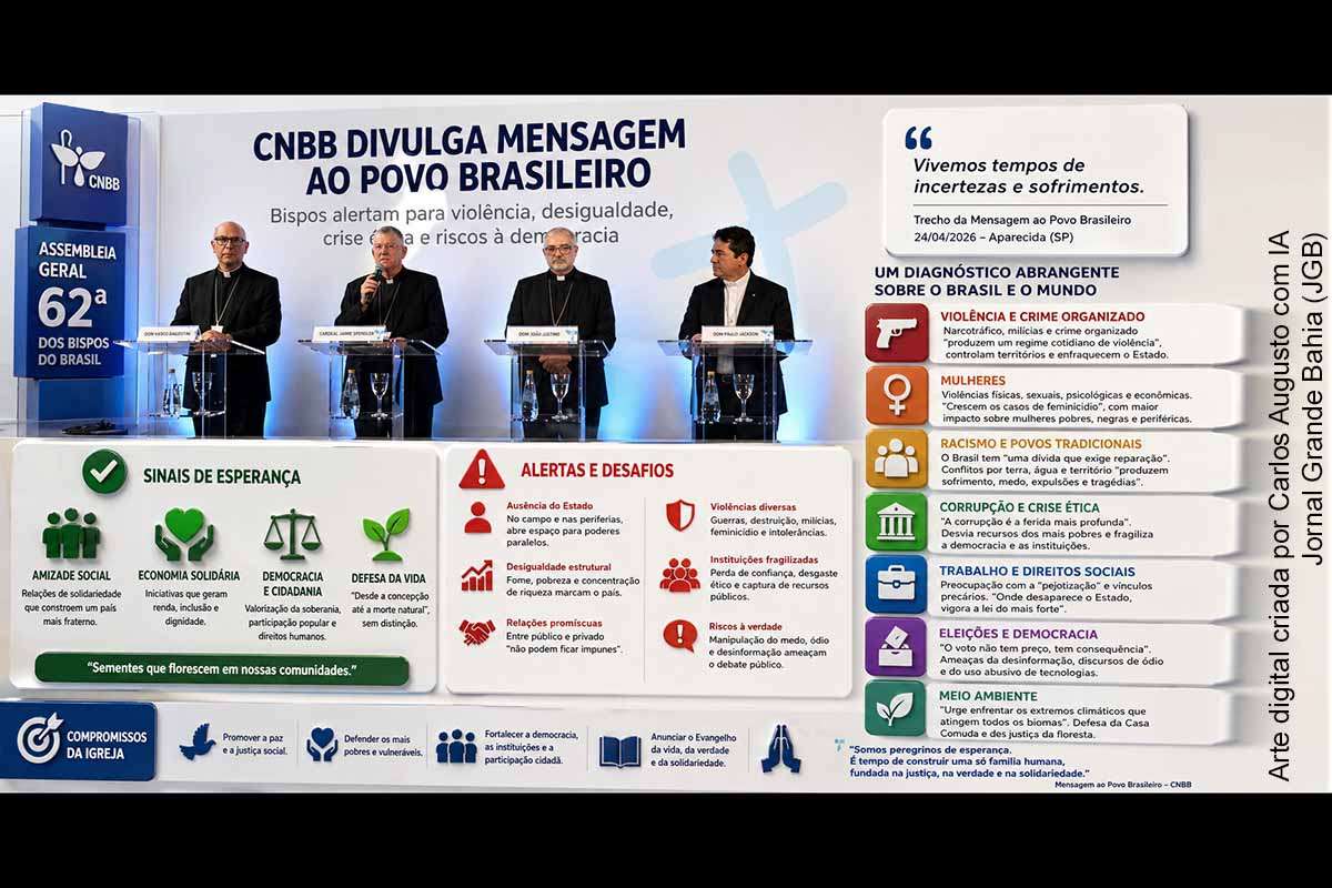 A CNBB divulgou, em 24 de abril de 2026, sua Mensagem ao Povo Brasileiro com análise ampla da realidade nacional. O documento aponta avanços sociais, mas alerta para violência, desigualdade, corrupção, precarização do trabalho e riscos à democracia. Também aborda desinformação, eleições, crise climática e proteção de comunidades tradicionais, reafirmando o compromisso da Igreja com justiça social, dignidade humana e fortalecimento institucional.