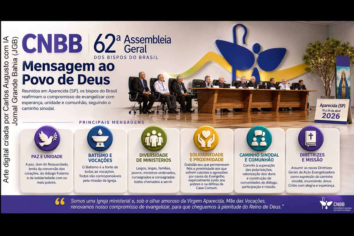 A CNBB divulgou, ao fim de sua 62ª Assembleia Geral, uma mensagem ao povo de Deus destacando a importância da unidade, da missão evangelizadora e da corresponsabilidade dos fiéis. O documento valoriza a diversidade de vocações, manifesta apoio a cristãos que enfrentam perseguições e reforça o compromisso com os pobres e o meio ambiente. Também convoca a Igreja a seguir o caminho sinodal como estratégia de renovação pastoral.
