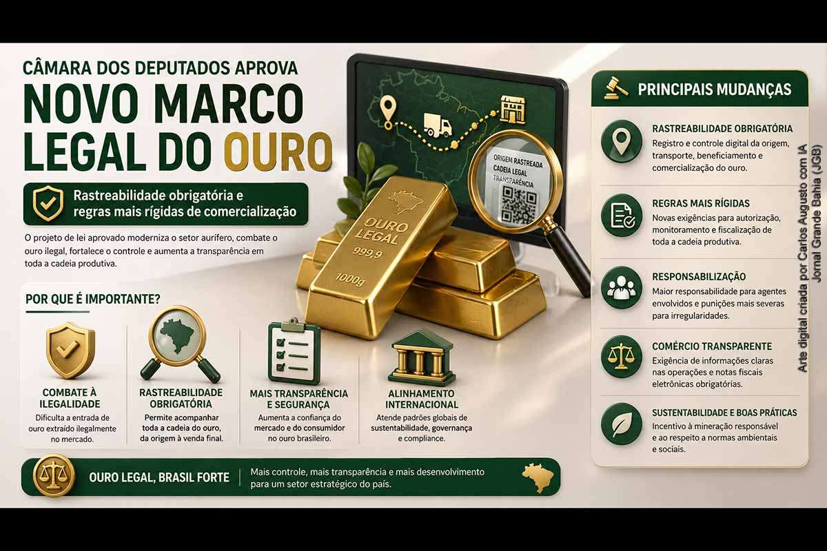 A Câmara dos Deputados aprovou o Projeto de Lei 3025/23, que cria um novo marco legal para o mercado de ouro no Brasil. A proposta estabelece rastreabilidade obrigatória, restringe a comercialização a instituições autorizadas e amplia a fiscalização. O texto também cria taxas, endurece penalidades e busca combater o garimpo ilegal e crimes financeiros associados à cadeia produtiva do ouro.