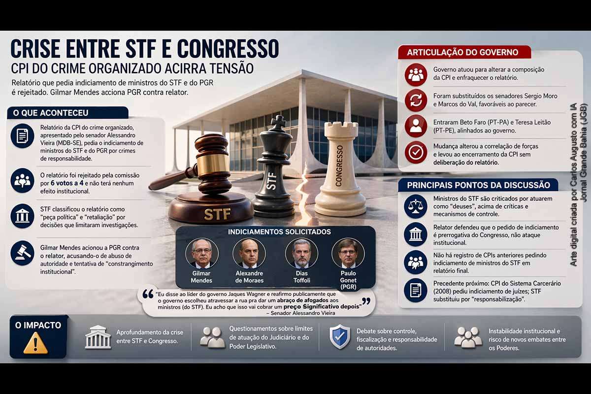 A rejeição do relatório da CPI do crime organizado, que sugeria o indiciamento de ministros do STF e do procurador-geral da República, intensificou a tensão entre Judiciário e Legislativo. A articulação do governo para alterar a composição da comissão foi decisiva para o resultado. A reação do ministro Gilmar Mendes, ao acionar a PGR contra o relator, ampliou o conflito institucional, enquanto críticas apontam para o papel do STF e limites das prerrogativas do Congresso.