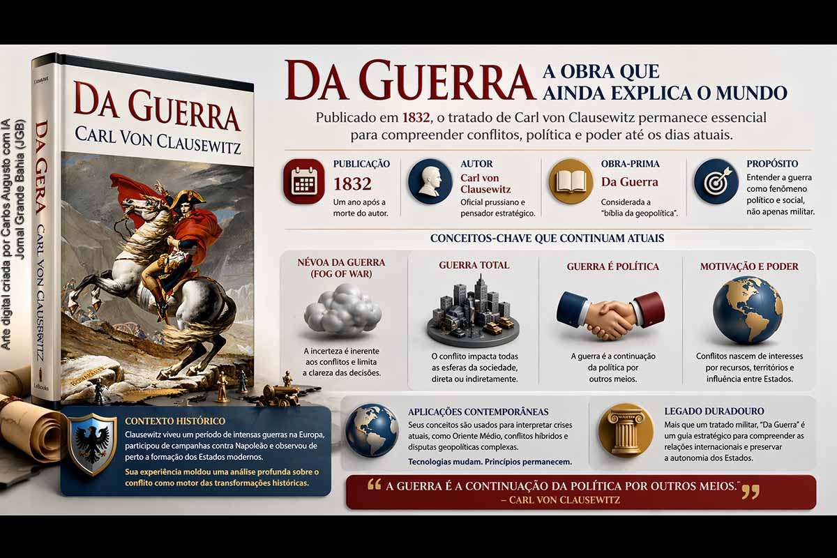 A obra “Da Guerra”, de Carl von Clausewitz, permanece relevante quase 200 anos após sua publicação por oferecer uma interpretação duradoura sobre a relação entre política e conflito. Conceitos como “névoa da guerra” e “guerra total” continuam sendo aplicados na análise contemporânea. Apesar das mudanças tecnológicas e geopolíticas, os fundamentos estruturais das disputas internacionais mantêm atual o pensamento clássico.