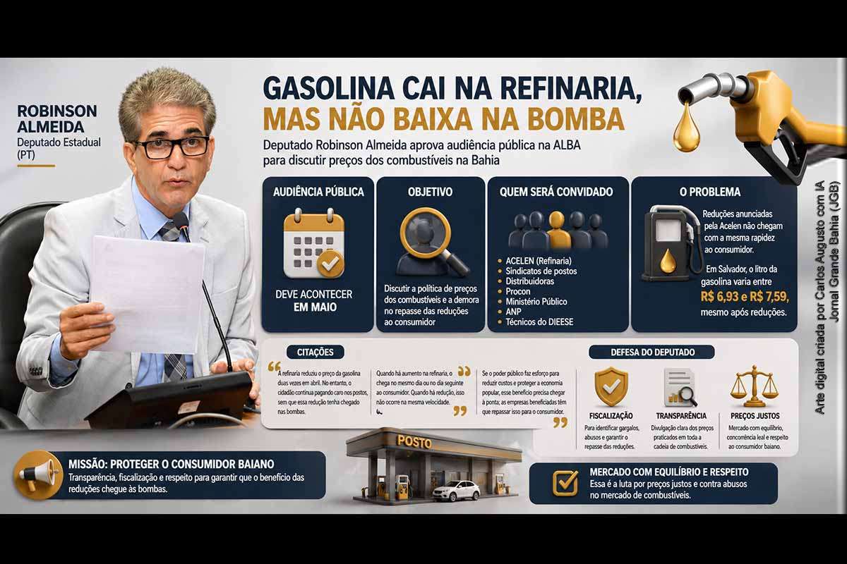 A Comissão de Infraestrutura da ALBA aprovou requerimento do deputado Robinson Almeida para realizar audiência pública sobre os preços dos combustíveis na Bahia. O parlamentar questiona a demora no repasse das reduções anunciadas pela Acelen ao consumidor final e cobra fiscalização sobre postos, distribuidoras e cadeia de preços. A reunião deve ocorrer em maio, com participação de órgãos públicos, entidades do setor e especialistas.