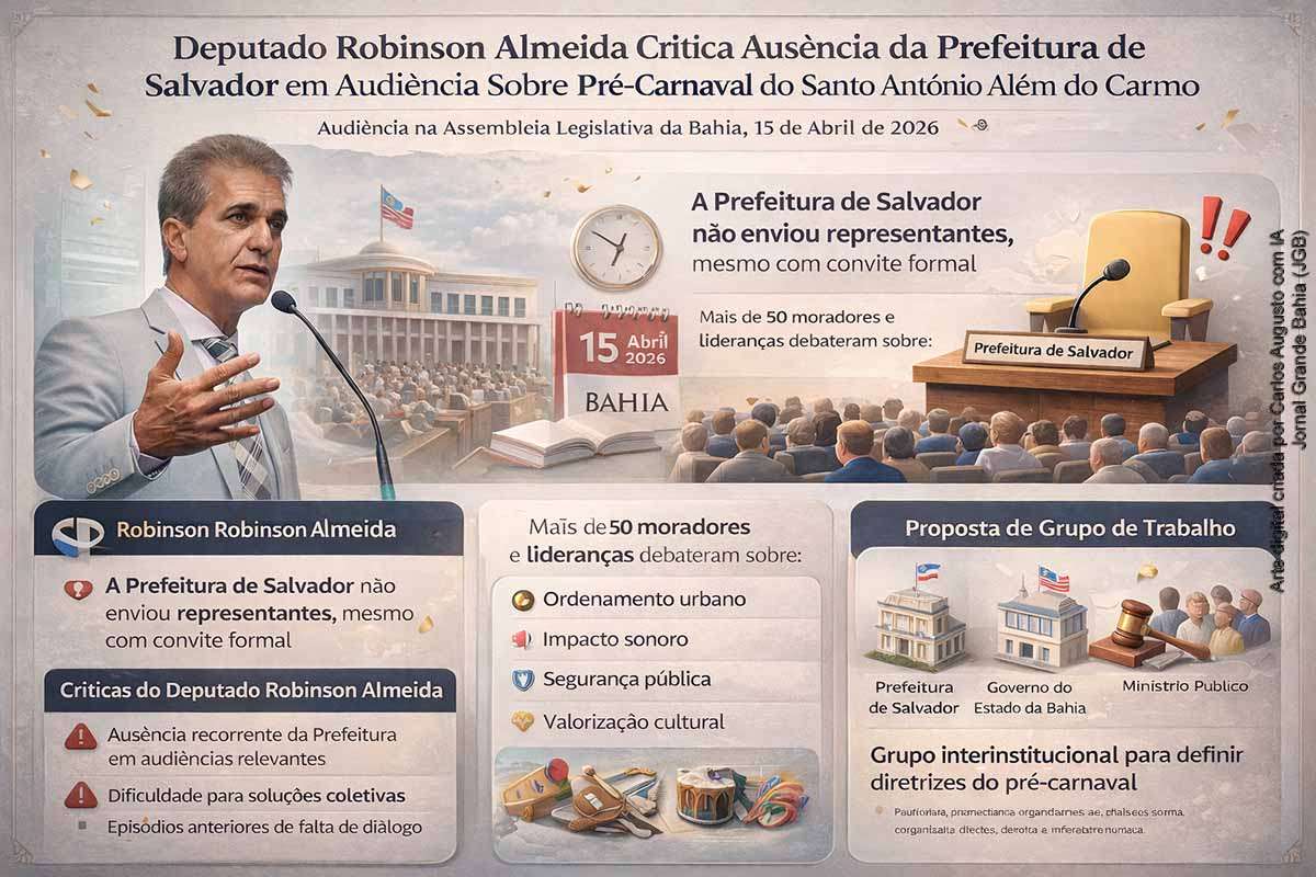 A audiência pública realizada na ALBA em 15/04/2026 debateu a organização do pré-carnaval do Santo Antônio Além do Carmo, reunindo moradores, parlamentares e instituições. A ausência da Prefeitura de Salvador gerou críticas do deputado Robinson Almeida, que apontou recorrência do problema. O encontro resultou na proposta de um grupo de trabalho interinstitucional para organizar o evento e mediar seus impactos urbanos e culturais.