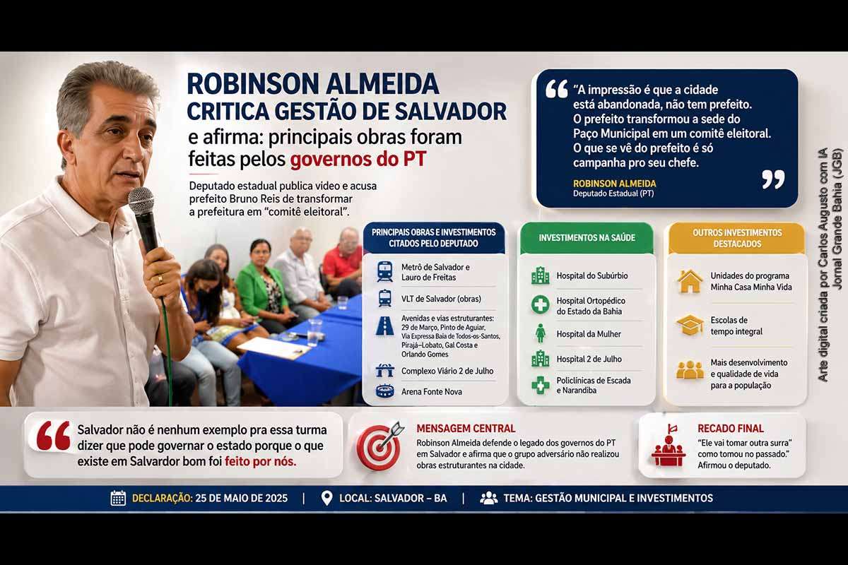 O deputado Robinson Almeida criticou a gestão da prefeitura de Salvador e atribuiu aos governos do PT a realização das principais obras estruturantes da capital. Em vídeo divulgado nas redes sociais, apontou problemas em serviços urbanos e acusou uso político da administração municipal. As declarações ocorrem em meio ao acirramento do debate político na Bahia e antecipam disputas eleitorais, destacando a disputa narrativa sobre investimentos e gestão pública.