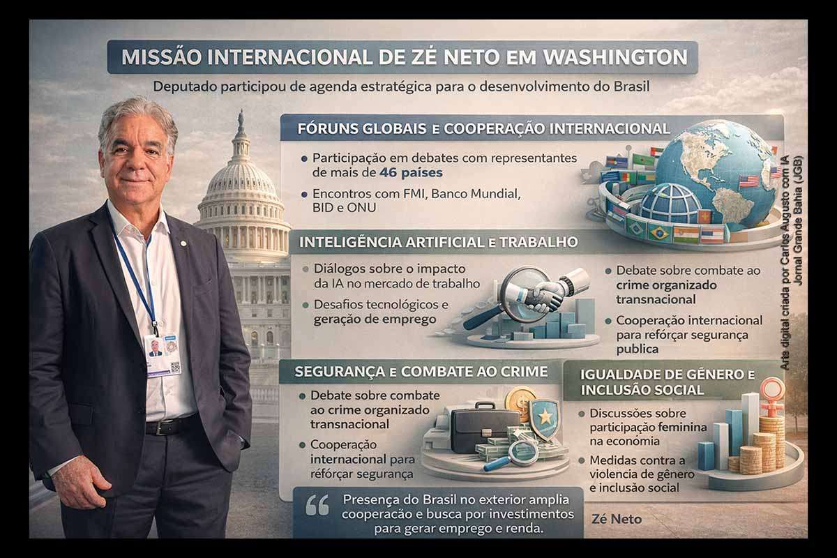 O deputado Zé Neto encerrou missão internacional em Washington após participar de fóruns com representantes de mais de 46 países. A agenda incluiu debates sobre desenvolvimento econômico, inteligência artificial, segurança pública e inclusão social, além de reuniões com organismos multilaterais e autoridades diplomáticas. A missão reforçou a articulação internacional do Parlamento brasileiro e destacou a busca por investimentos, cooperação técnica e políticas públicas voltadas ao crescimento sustentável e à redução das desigualdades.
