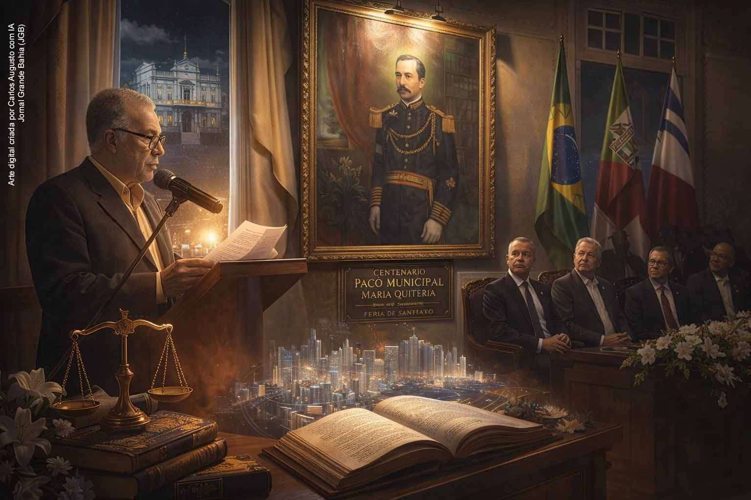 Secretário Carlos Brito discursa durante solenidade dos 100 anos do Paço Municipal Maria Quitéria, sede histórica da Prefeitura.