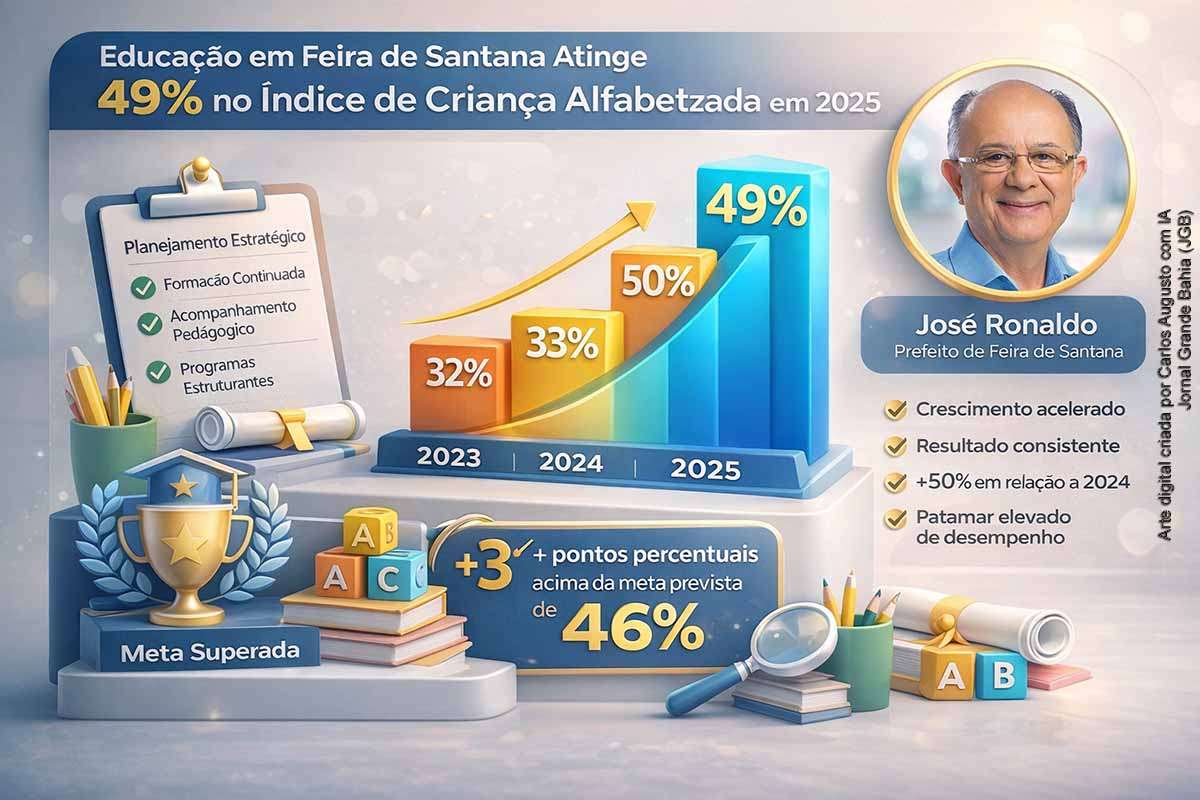 Feira de Santana registrou avanço expressivo no Índice de Criança Alfabetizada, que atingiu 49% em 2025, superando a meta de 46% e representando crescimento de cerca de 50% em relação a 2024. O resultado é atribuído a planejamento estratégico, formação docente e acompanhamento pedagógico. Apesar do progresso, o desafio estrutural da alfabetização permanece, exigindo continuidade das políticas educacionais.