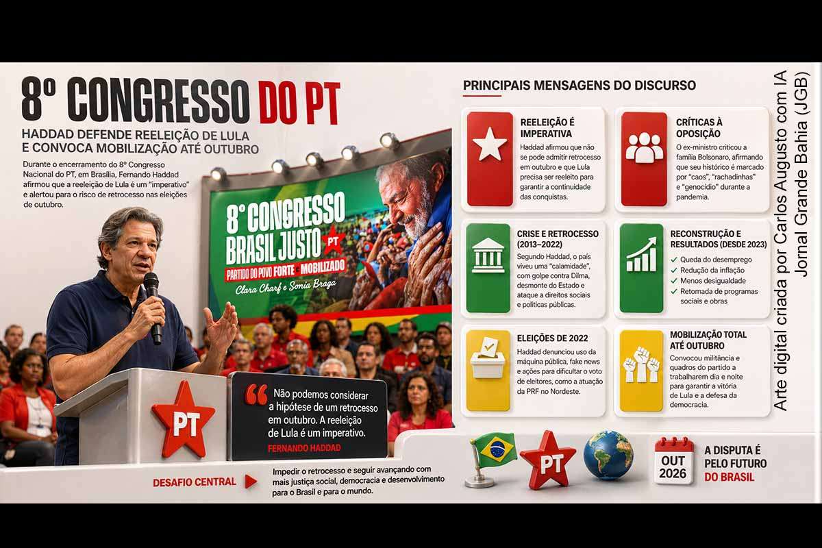 No encerramento do congresso do PT, Fernando Haddad defendeu a reeleição de Lula como essencial para evitar retrocessos políticos e sociais. O ex-ministro destacou a reconstrução econômica desde 2023, criticou a oposição e convocou mobilização eleitoral. O discurso evidencia a continuidade da polarização política e antecipa uma disputa eleitoral centrada na comparação entre modelos de governo e interpretações da história recente.