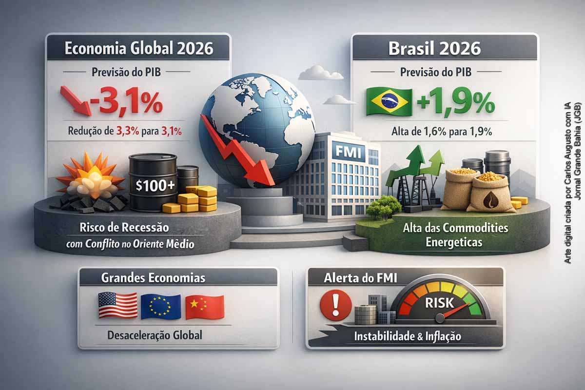 O FMI reduziu de 3,3% para 3,1% a projeção de crescimento da economia global em 2026 e alertou para risco de recessão caso a guerra no Oriente Médio se prolongue. Para o Brasil, a estimativa do PIB subiu de 1,6% para 1,9%, impulsionada pela alta das commodities energéticas. O fundo, porém, ressalta que essa melhora é conjuntural e depende da dinâmica externa.