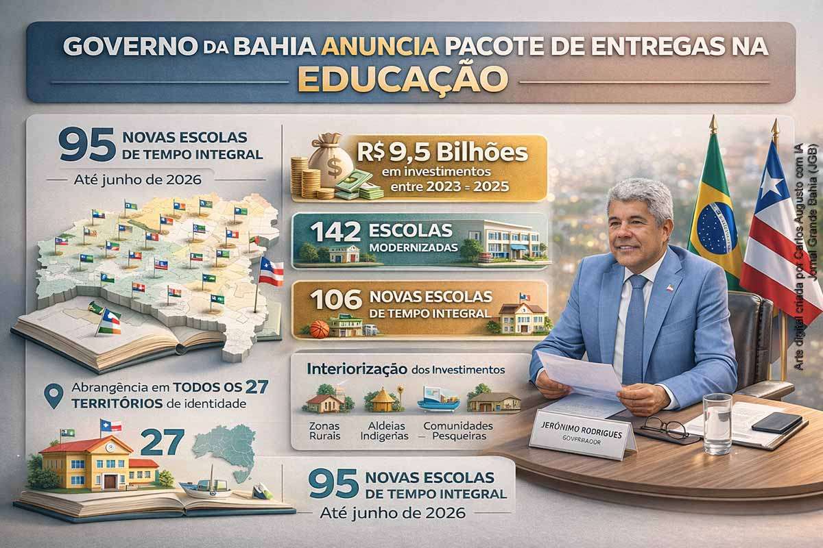O Governo da Bahia anunciou, em 09/04/2026, um pacote de entregas que prevê a inauguração de 95 escolas de tempo integral até junho, com abrangência em todos os territórios do estado. A iniciativa integra uma política de expansão e modernização da rede pública, sustentada por investimentos de R$ 9,5 bilhões entre 2023 e 2025, com foco na infraestrutura, interiorização e ampliação do acesso à educação.