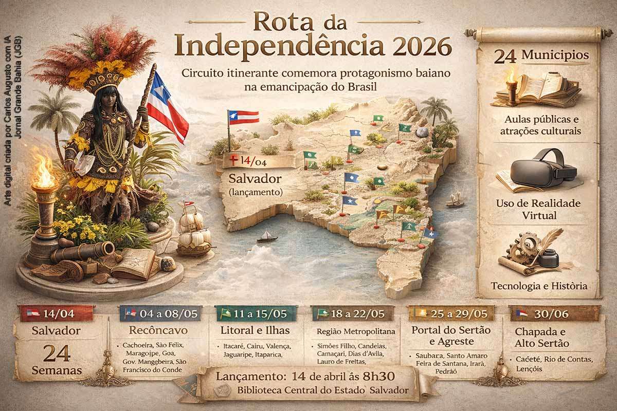 A Rota da Independência 2026 será lançada em Salvador no dia 14 de abril, com programação itinerante por 24 municípios baianos. O projeto combina aulas públicas, atividades culturais e inovação tecnológica, como realidade virtual, para difundir a história das lutas de 1823. A iniciativa busca ampliar o acesso à memória histórica, fortalecer a identidade regional e modernizar a forma de transmissão do conhecimento histórico no estado.