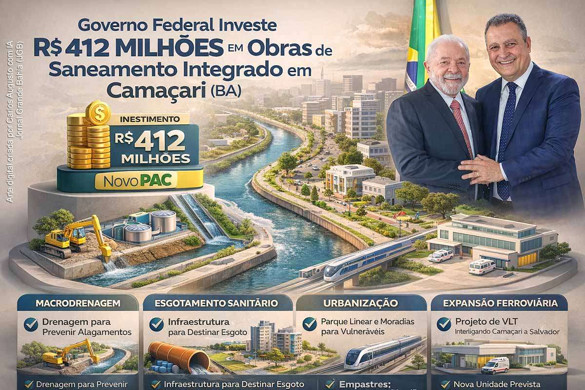 O governo federal autorizou, em 1º de abril de 2026, o início de obras de saneamento integrado em Camaçari (BA), com investimento de R$ 412 milhões pelo Novo PAC. As intervenções incluem macrodrenagem, esgotamento sanitário, urbanização e habitação em áreas de risco. O projeto integra ações de mobilidade, saúde e reindustrialização, com foco na prevenção de desastres, melhoria da infraestrutura urbana e retomada econômica do município.