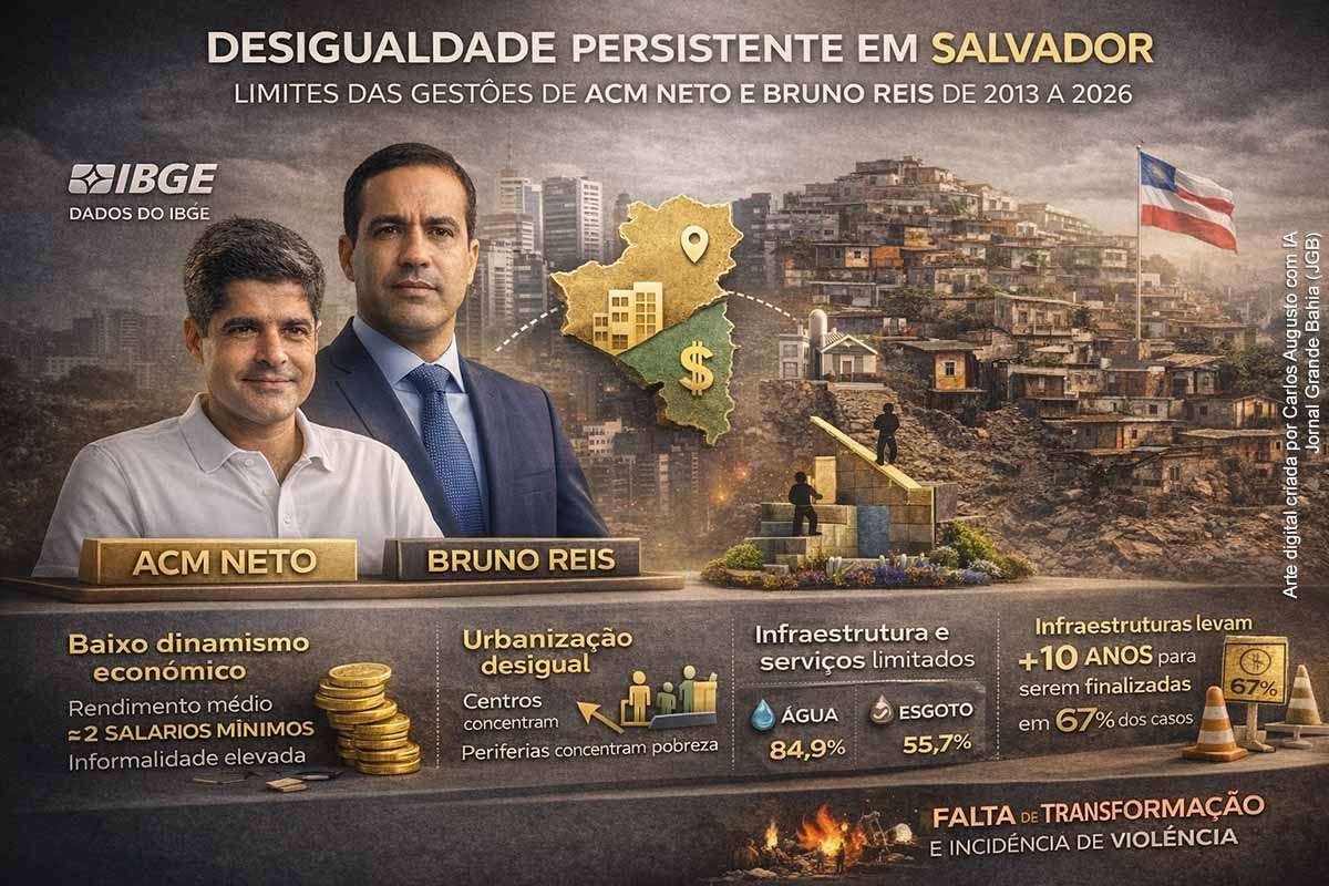 Dados do IBGE mostram que Salvador mantém relevância econômica, mas enfrenta desigualdade estrutural persistente. Entre 2010 e 2022, as gestões municipais promoveram avanços pontuais, sem alterar o modelo urbano desigual. Problemas em renda, infraestrutura, educação e planejamento impactam diretamente o bem-estar da população e a segurança pública, evidenciando limitações na capacidade de transformação estrutural da cidade.
