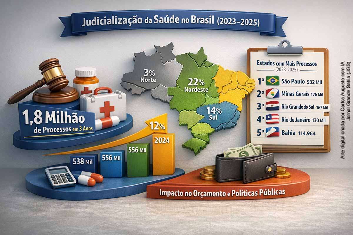 Divulgado neste mês de abril de 2026, levantamento do Escavador mostra que a judicialização da saúde no Brasil somou cerca de 1,8 milhão de processos entre 2023 e 2025, com crescimento de 12% no período. A Bahia aparece em quinto lugar no ranking nacional, com 114.964 ações. Os dados apontam forte concentração no Sudeste e indicam impacto direto sobre o planejamento orçamentário e a formulação de políticas públicas.