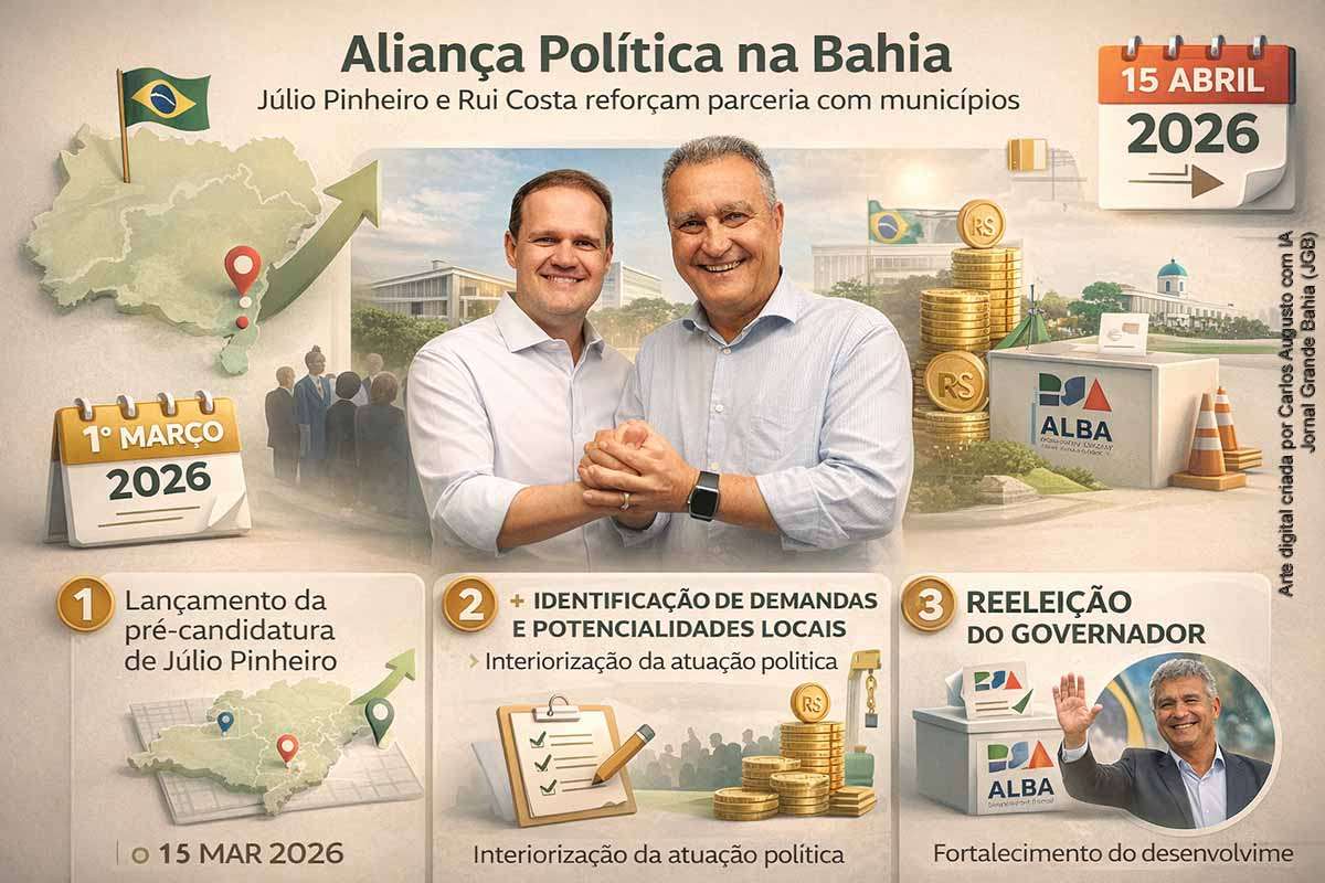 Júlio Pinheiro e Rui Costa se reuniram em Salvador, no dia 15 de abril de 2026, para reforçar a importância da parceria entre o Governo da Bahia e os municípios. O encontro destacou a defesa da reeleição de Jerônimo Rodrigues e a estratégia de interiorização da atuação política. Júlio intensifica visitas aos territórios baianos para mapear demandas locais, enquanto o grupo político aposta na continuidade administrativa e no fortalecimento do desenvolvimento regional.