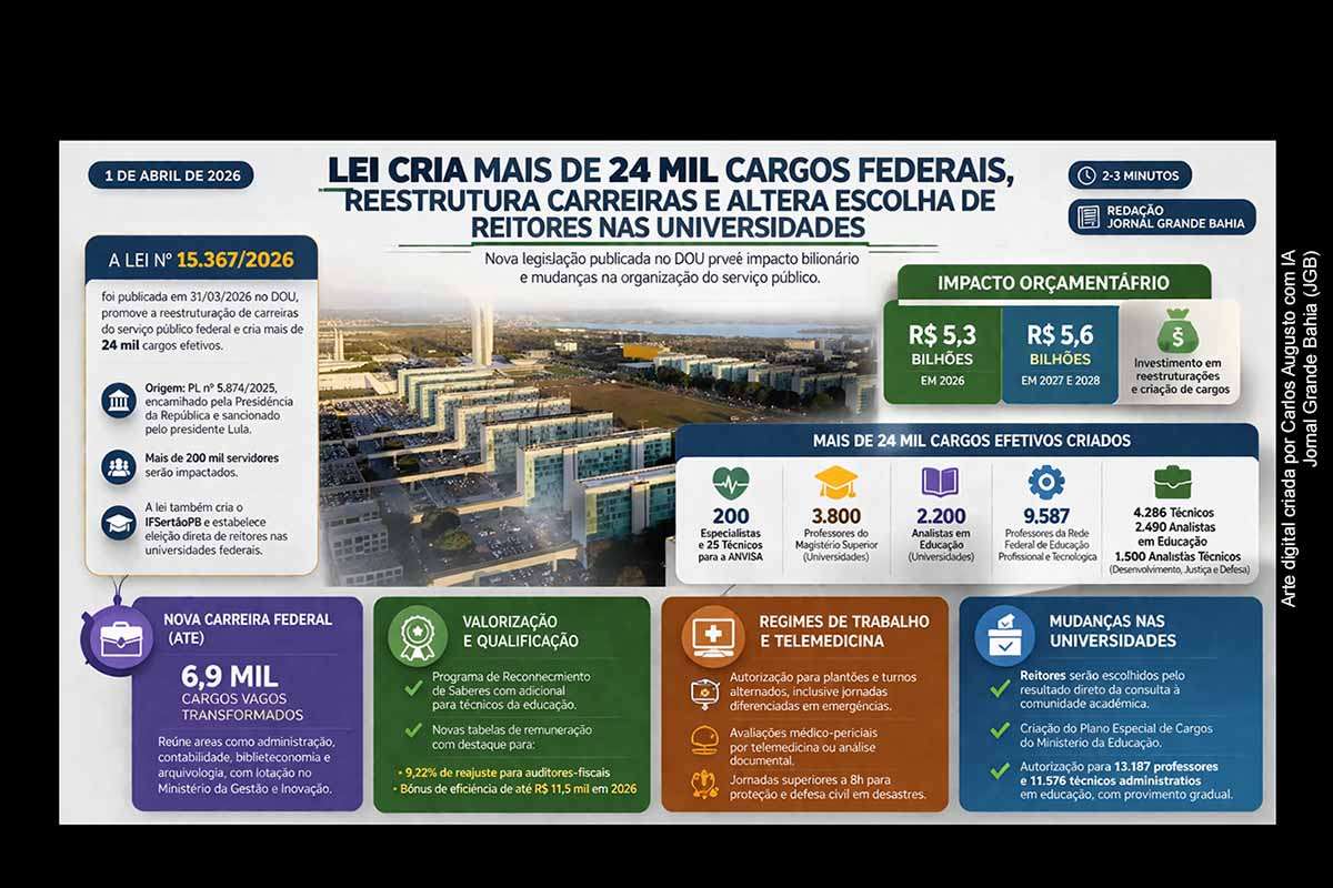 A Lei nº 15.367/2026 foi publicada na terça-feira (31/03/2026) e prevê a criação de mais de 24 mil cargos no serviço público federal, além da reestruturação de carreiras. A norma também altera a escolha de reitores, institui programas de qualificação e impacta mais de 200 mil servidores, com custo estimado em R$ 5,3 bilhões em 2026.