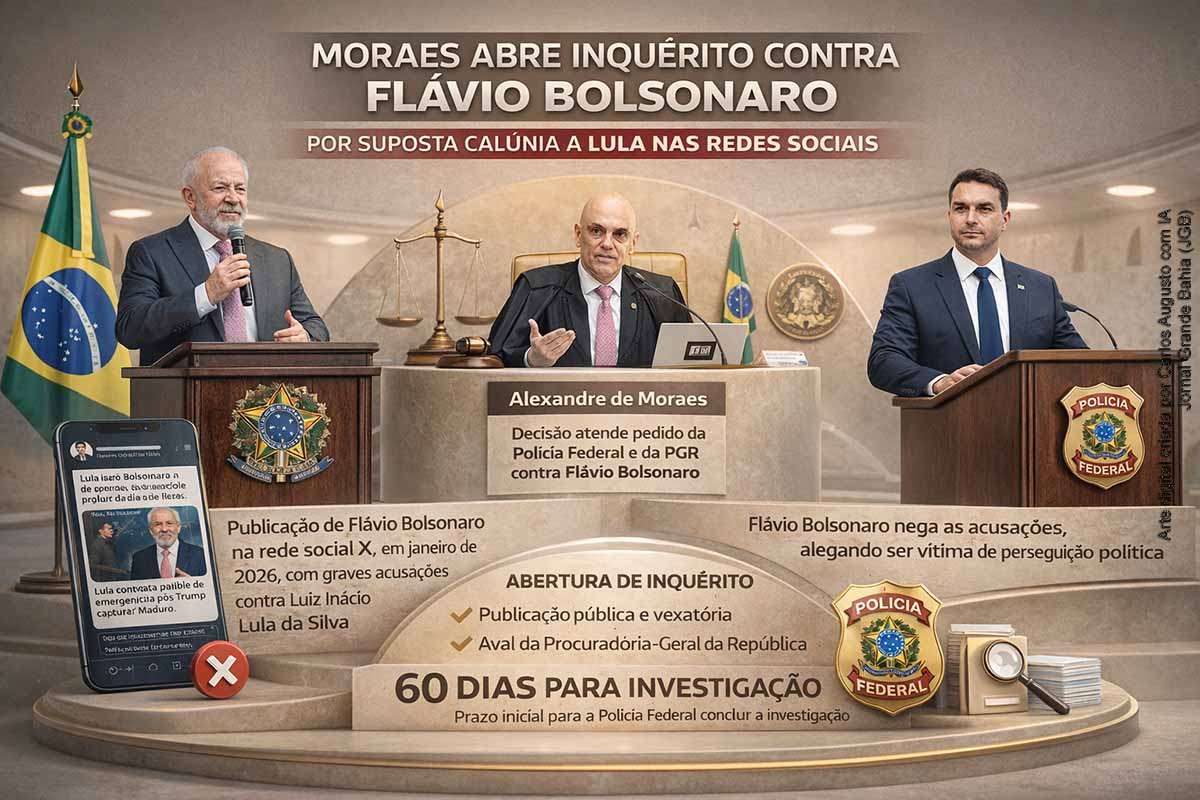 O ministro Alexandre de Moraes determinou a abertura de inquérito contra o senador Flávio Bolsonaro por suposta calúnia contra o presidente Lula, com base em publicação feita na rede social X. A investigação, conduzida pela Polícia Federal com prazo inicial de 60 dias, ocorre em meio ao cenário pré-eleitoral de 2026 e levanta debates sobre liberdade de expressão, responsabilização digital e judicialização da política no Brasil.