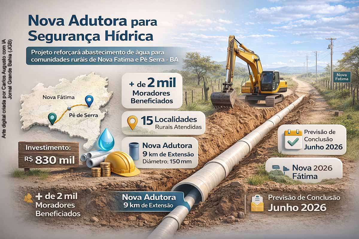 A Embasa avança na implantação de uma nova adutora em Nova Fátima e Pé de Serra, com 80% das obras concluídas e investimento de R$ 830 mil. O projeto beneficiará mais de dois mil moradores em 15 localidades rurais, ampliando a oferta e regularidade do abastecimento de água. A estrutura, com 9 km de extensão, deve entrar em operação em junho de 2026, reforçando a segurança hídrica regional.