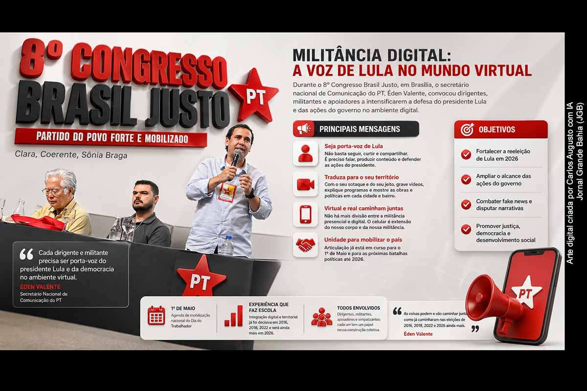 Durante congresso em Brasília, o PT reforçou a importância da mobilização digital como estratégia central para ampliar o alcance das ações do governo e fortalecer a reeleição de Lula. A proposta envolve transformar militantes em comunicadores ativos, integrando atuação presencial e virtual. A iniciativa reflete mudanças na dinâmica política contemporânea, mas também impõe desafios relacionados à coordenação e à coerência das mensagens.