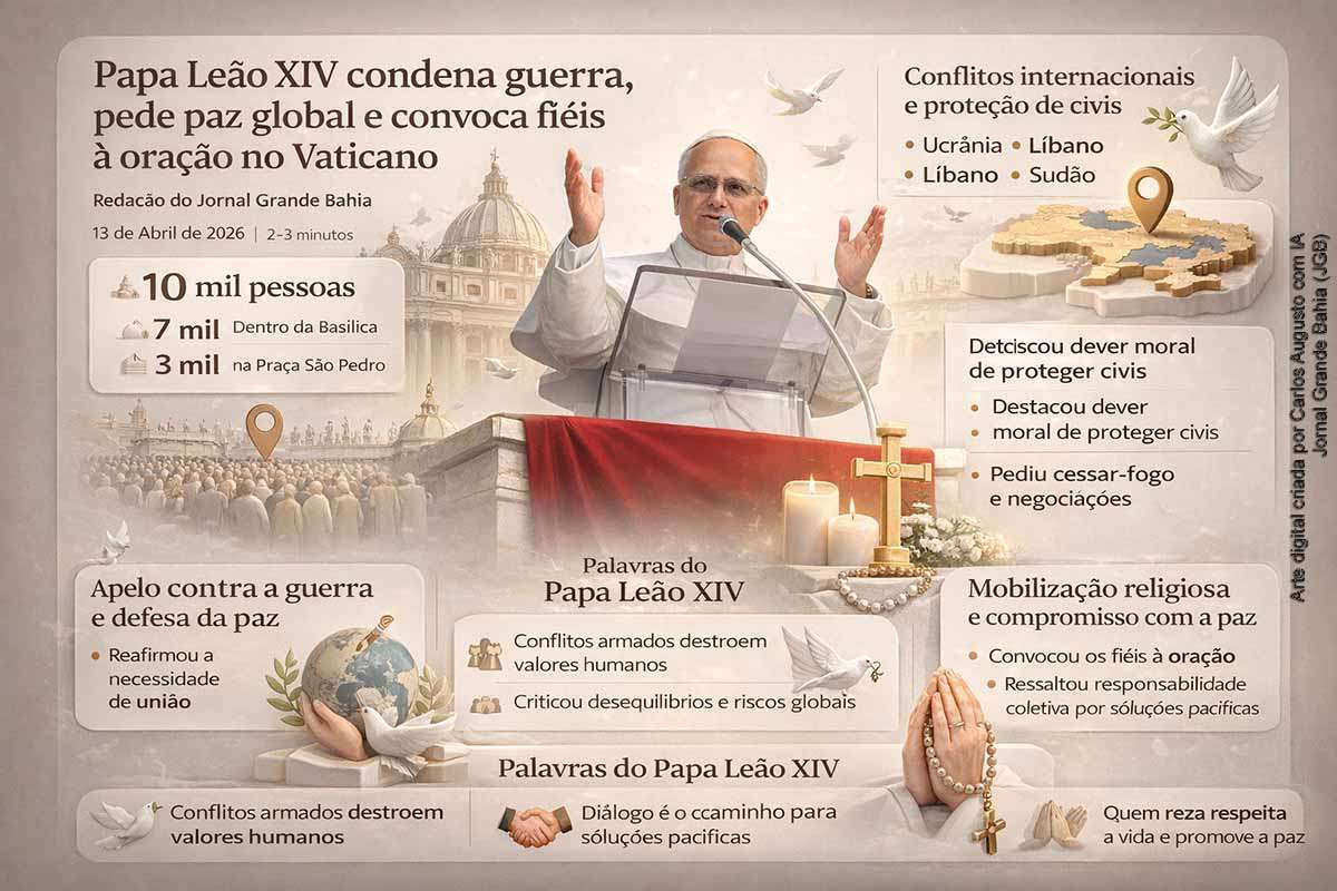 O Papa Leão XIV convocou fiéis à oração pela paz durante vigília no sábado (11/04/2026), no Vaticano, reunindo milhares de pessoas. O Pontífice criticou a guerra, destacou a responsabilidade de governantes e defendeu a proteção de civis em conflitos. No domingo (12/04/2026), reforçou apelos por cessar-fogo e diálogo em crises internacionais, incluindo Ucrânia, Líbano e Sudão.