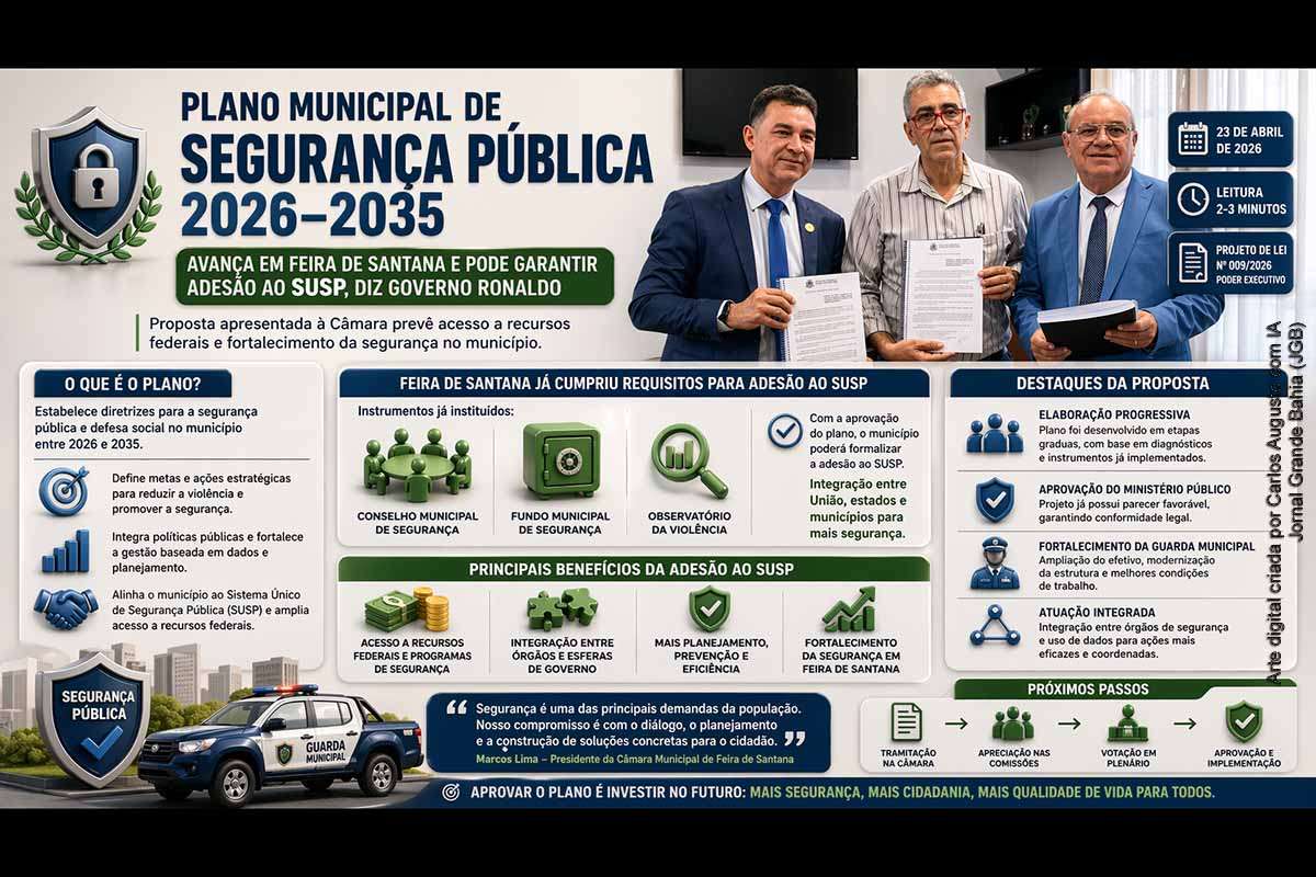 O Plano Municipal de Segurança Pública 2026–2035 foi apresentado à Câmara de Feira de Santana na quarta-feira (22/04/2026) e pode garantir a adesão ao SUSP. A proposta prevê acesso a recursos federais, fortalecimento da Guarda Municipal e integração de políticas públicas. O projeto ainda será votado em plenário.