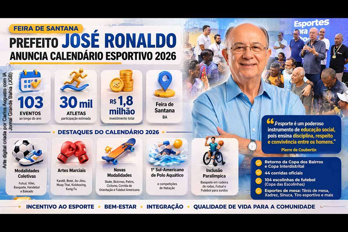 A Prefeitura de Feira de Santana lançou o Calendário Esportivo 2026 com 103 eventos, investimento de R$ 1,8 milhão e participação estimada de 30 mil atletas. A programação inclui diversas modalidades, novas práticas esportivas, inclusão paralímpica e retomada de torneios tradicionais. A iniciativa busca ampliar o acesso ao esporte, fortalecer a integração social e promover saúde e bem-estar na comunidade.