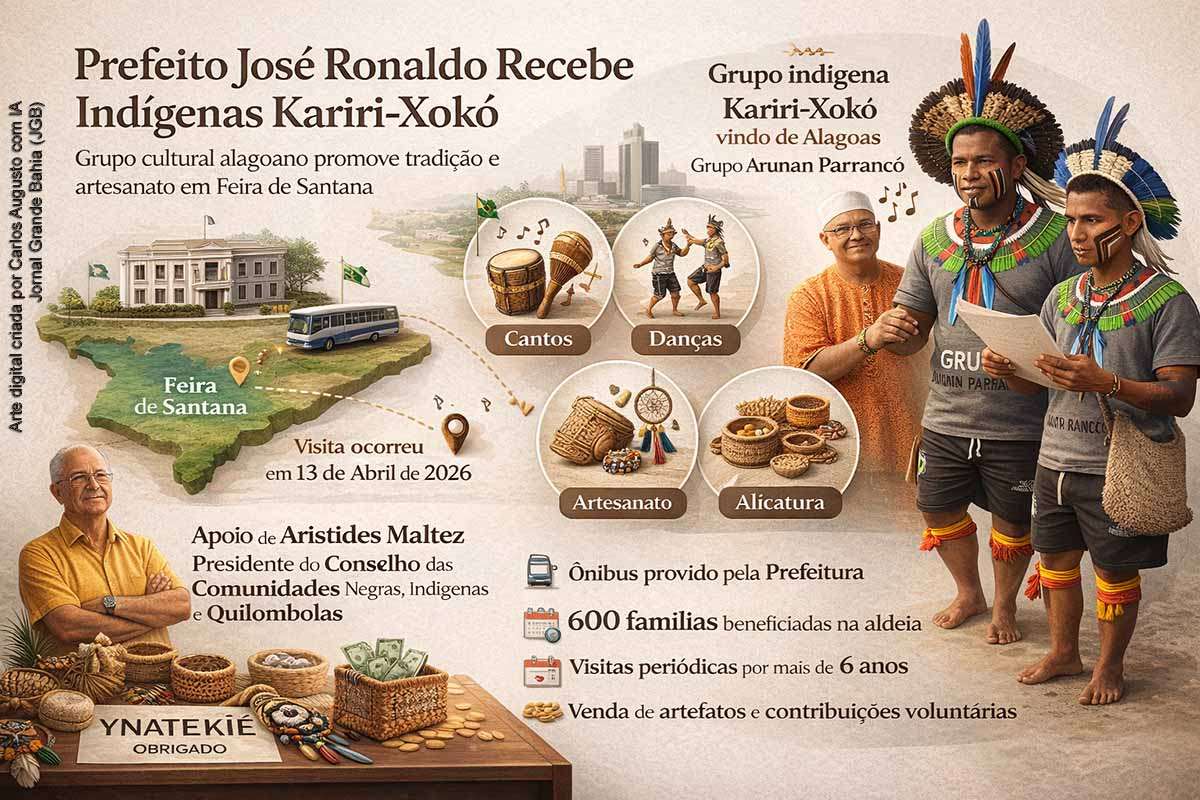 Indígenas da etnia Kariri-Xokó realizaram apresentação cultural na Prefeitura de Feira de Santana na segunda-feira (13/04/2026). O grupo apresentou cantos, danças e artesanato, com apoio do Conselho local e da gestão municipal. As atividades contribuem para geração de renda e preservação cultural, beneficiando cerca de 600 famílias da comunidade em Alagoas.