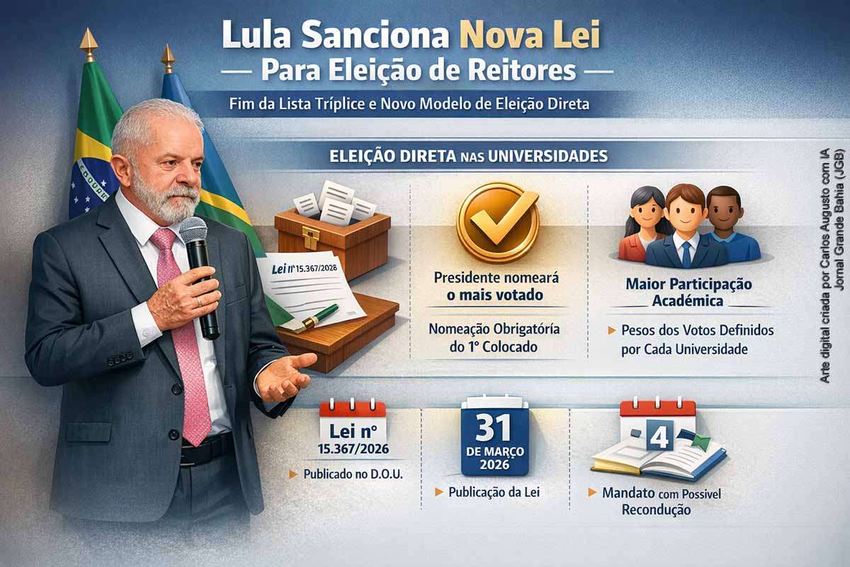 A Lei nº 15.367/2026, sancionada na segunda-feira (30/03/2026) e publicada na terça-feira (31/03/2026), extingue a lista tríplice e estabelece eleição direta para reitores de universidades federais. A norma determina a nomeação do candidato mais votado e altera regras de participação e peso dos votos, além de definir critérios para candidatura e mandato.