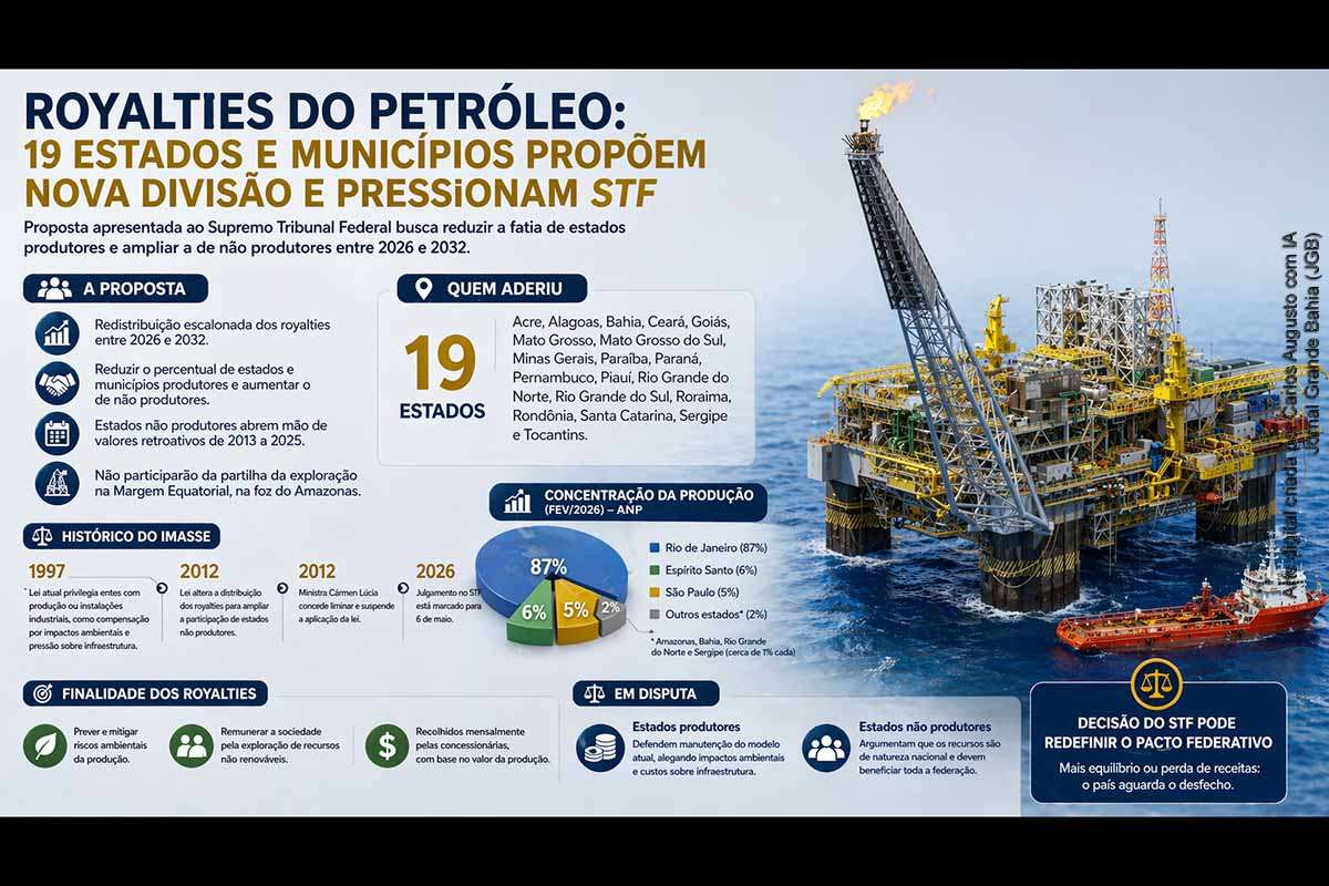 Proposta apresentada por 19 estados e pela CNM ao STF busca redistribuir royalties do petróleo, reduzindo a fatia de estados produtores e ampliando a de não produtores entre 2026 e 2032. O tema aguarda julgamento desde 2012, após suspensão por liminar. Dados da ANP revelam forte concentração da produção no Rio de Janeiro. A decisão poderá redefinir o equilíbrio federativo e impactar significativamente as finanças públicas estaduais e municipais.