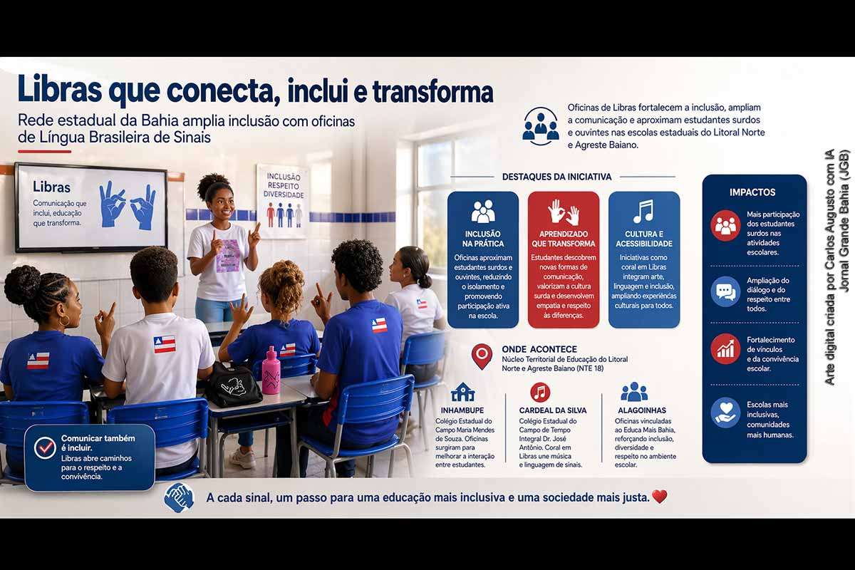 A rede estadual da Bahia ampliou a inclusão escolar no Litoral Norte e Agreste com oficinas de Libras em escolas de Inhambupe, Alagoinhas e Cardeal da Silva. A iniciativa fortalece a comunicação entre estudantes surdos e ouvintes, reduz o isolamento e amplia a participação escolar. Integrada ao programa Educa Mais Bahia, a ação também promove atividades culturais inclusivas, como coral em Libras, e reforça o papel da educação na valorização da diversidade.