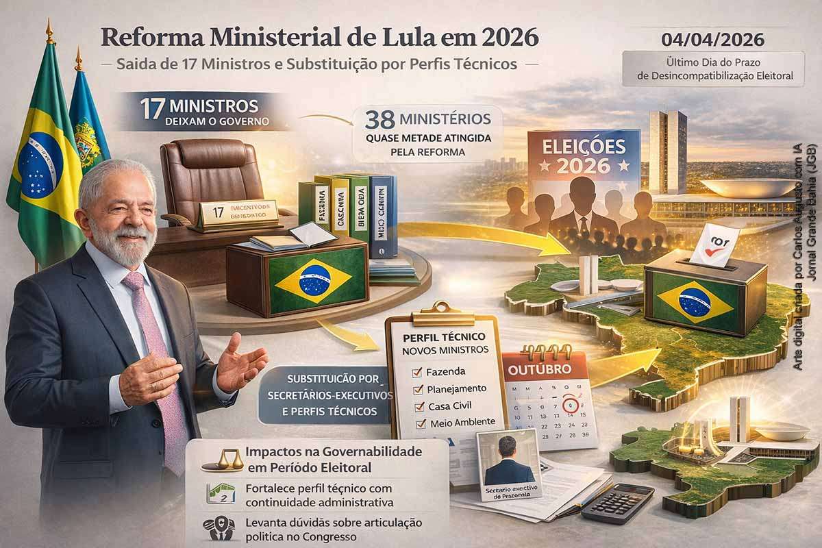 A reforma ministerial de 04/04/2026 retirou 17 ministros do governo Lula para disputa eleitoral, promovendo técnicos e secretários-executivos às principais pastas. A mudança garante continuidade administrativa, mas altera o equilíbrio político da Esplanada, com possíveis impactos na articulação com o Congresso e na governabilidade durante o ciclo eleitoral.