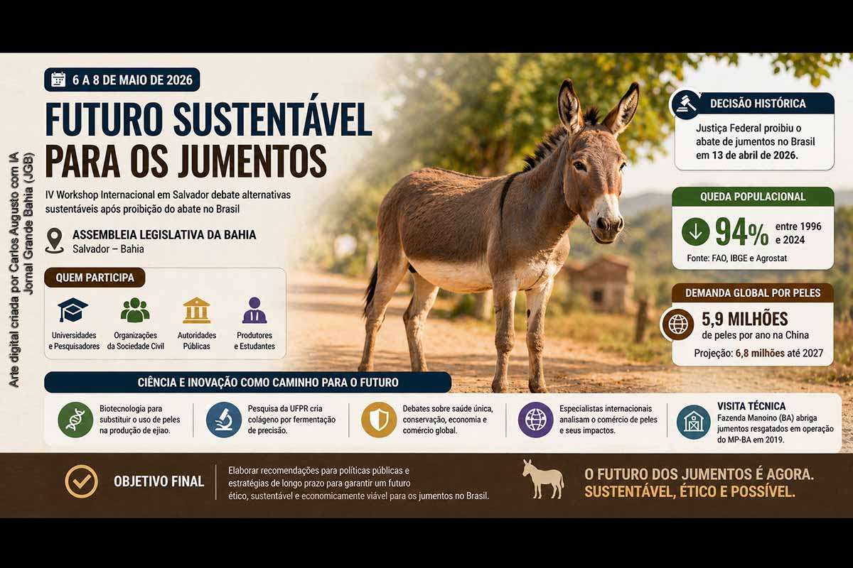 A proibição do abate de jumentos no Brasil impulsionou o debate sobre o futuro da espécie, levando à realização de workshop internacional em Salvador. O evento reúne especialistas para discutir alternativas sustentáveis, incluindo biotecnologia e regulação do comércio global. Com queda de 94% na população e forte demanda internacional por peles, o tema exige respostas estruturais que integrem ciência, políticas públicas e inovação.