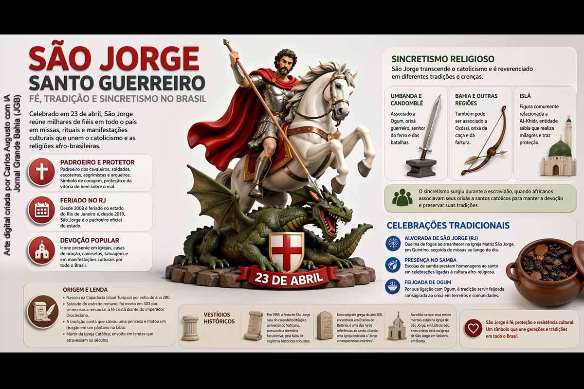 Celebrado em 23 de abril, São Jorge mobiliza milhares de fiéis no Brasil em manifestações religiosas e culturais. Considerado mártir cristão, sua figura ultrapassa o catolicismo e se integra ao sincretismo religioso, especialmente nas religiões afro-brasileiras. Apesar da escassez de registros históricos, sua devoção permanece consolidada, refletindo a força das tradições populares e a diversidade religiosa do país.
