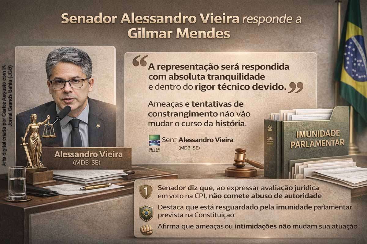 Gilmar Mendes pediu à PGR investigação contra Alessandro Vieira após o senador propor, no relatório final da CPI do Crime Organizado, o indiciamento de ministros do STF e de Paulo Gonet. O parecer foi rejeitado por 6 votos a 4, mas abriu uma crise entre Senado e Supremo. O caso ocorre em meio ao avanço das apurações do Banco Master, que seguem produzindo prisões, bloqueios e novos desdobramentos institucionais.  