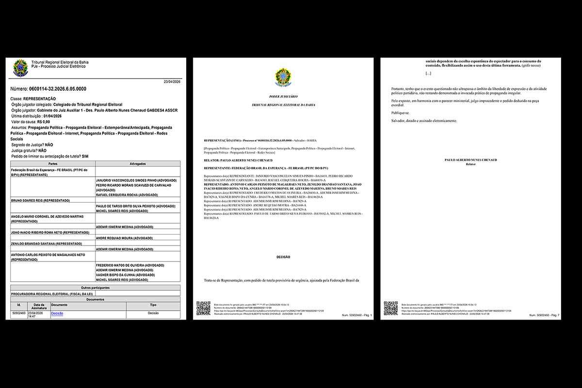 O TRE-BA julgou improcedente a representação nº 0600114-32.2026.6.05.0000 contra lideranças da oposição baiana, afastando a acusação de propaganda eleitoral antecipada em evento realizado em Feira de Santana. A decisão, relatada pelo desembargador Paulo Alberto Nunes Chenaud em 23/04/2026, destacou a ausência de pedido explícito de voto, a legalidade do encontro fechado e a permissão de transmissão pelas redes sociais.