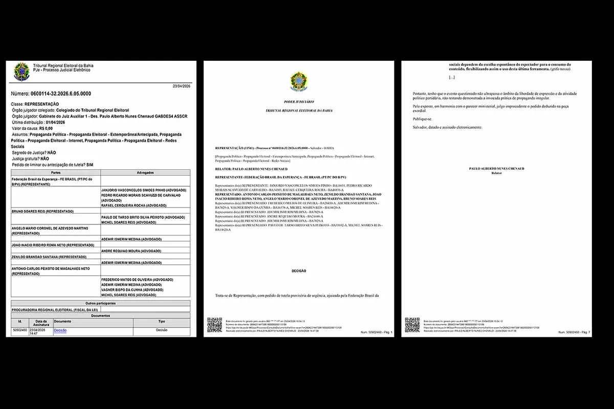 O TRE-BA julgou improcedente a representação nº 0600114-32.2026.6.05.0000 contra lideranças da oposição baiana, afastando a acusação de propaganda eleitoral antecipada em evento realizado em Feira de Santana. A decisão, relatada pelo desembargador Paulo Alberto Nunes Chenaud em 23/04/2026, destacou a ausência de pedido explícito de voto, a legalidade do encontro fechado e a permissão de transmissão pelas redes sociais.
