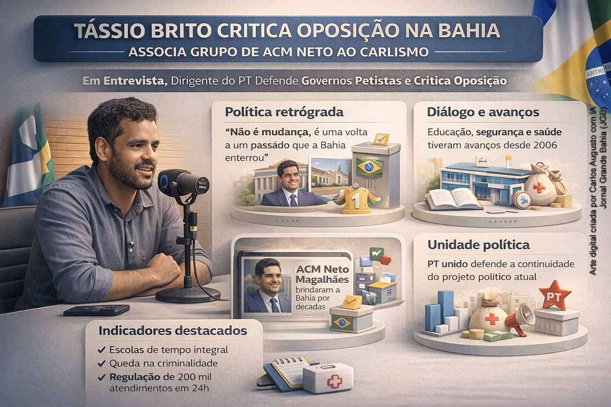 Na terça-feira (14/04/2026), Tássio Brito criticou a oposição baiana e associou o grupo de ACM Neto ao carlismo, questionando o discurso de mudança. O dirigente destacou avanços dos governos petistas desde 2006, especialmente em educação, segurança e saúde. A declaração evidencia a disputa política baseada em narrativas sobre passado e presente, com foco na continuidade do projeto governista e na interpretação dos indicadores públicos.