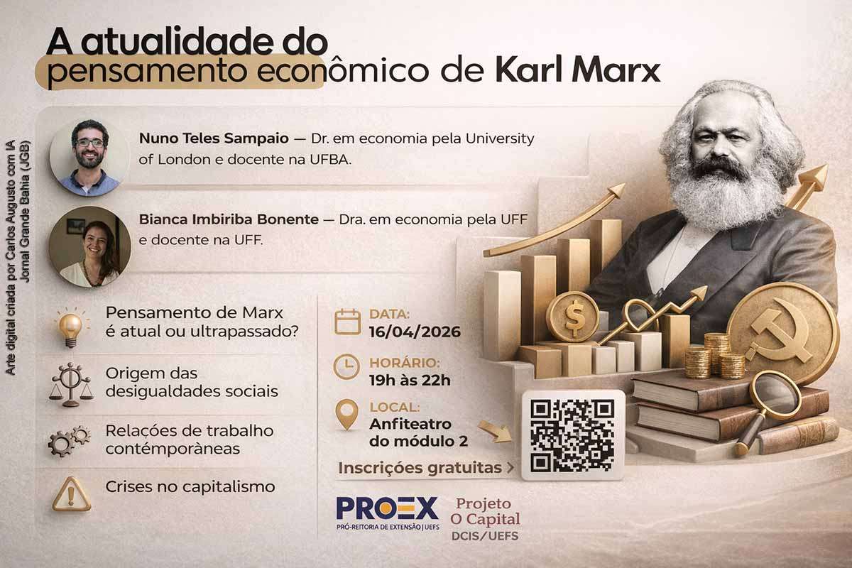 A UEFS realiza, em 16 de abril de 2026, palestra sobre a atualidade do pensamento econômico de Karl Marx, com participação de Nuno Teles Sampaio e Bianca Bonente. O evento discute desigualdade, crises e relações de trabalho no capitalismo contemporâneo, marcando o lançamento do Projeto O Capital. A iniciativa busca integrar teoria e realidade, promovendo debate acadêmico aberto ao público.