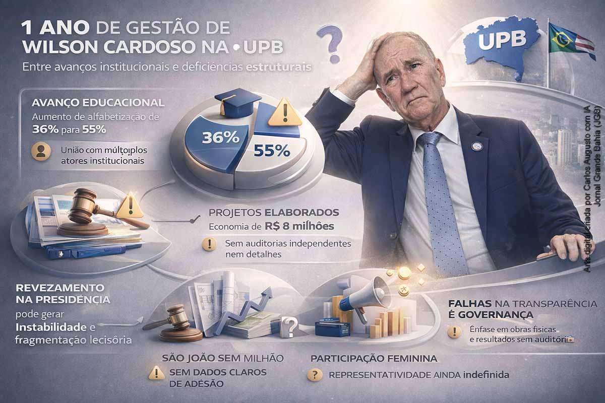 Ao completar um ano, a gestão de Wilson Cardoso na UPB apresenta iniciativas relevantes, como articulação institucional e apoio técnico a municípios, mas enfrenta críticas por falta de transparência e comprovação dos resultados divulgados. Indicadores educacionais são atribuídos sem evidência direta, enquanto dados financeiros carecem de auditoria independente. O modelo de governança compartilhada levanta dúvidas sobre estabilidade decisória, e campanhas institucionais mostram impacto limitado, evidenciando um desequilíbrio entre comunicação e execução.