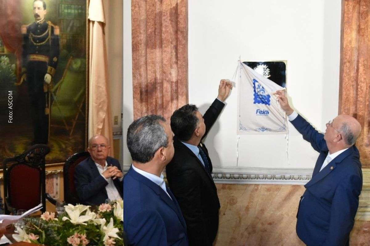 Solenidade contou com vereadores, ex-prefeito e ações simbólicas como tombamento de obra e descerramento de placa.