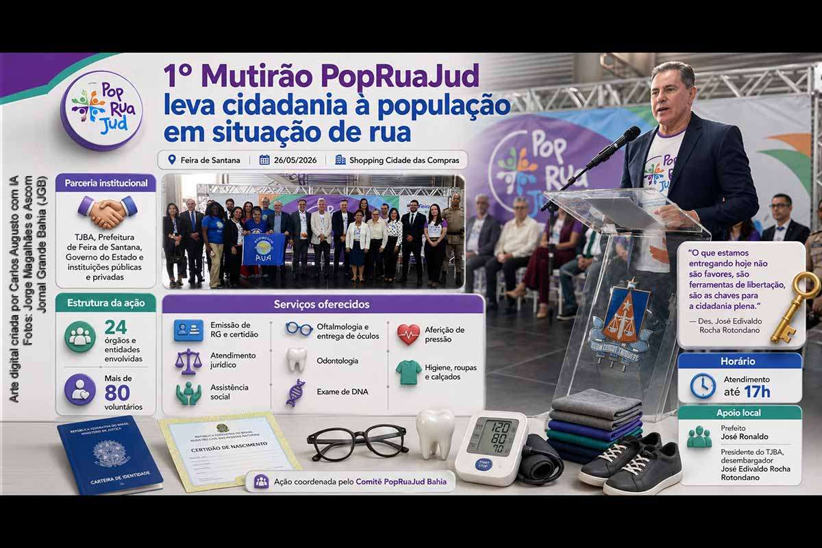 O 1º Mutirão Pop Rua Jud em Feira de Santana foi realizado nesta terça-feira (26/05/2026), no Shopping Cidade das Compras, com apoio da Prefeitura e do TJBA. A ação ofereceu documentação, atendimentos de saúde, orientação jurídica, assistência social, exames, óculos e escuta qualificada para pessoas em situação de rua. O evento contou com José Ronaldo, José Edivaldo Rocha Rotondano, Maria de Fátima Carvalho, órgãos públicos e voluntários.