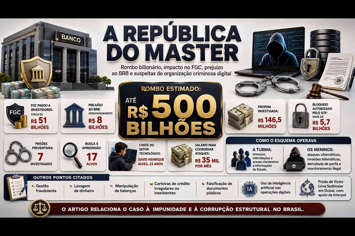 O caso Banco Master é apresentado como um dos maiores escândalos financeiros do Brasil, com estimativa de rombo de até R$ 500 bilhões, prejuízos a empresas, investidores e ao Fundo Garantidor de Créditos (FGC), além de impactos bilionários no Banco Regional de Brasília (BRB). O texto aponta suspeitas de gestão fraudulenta, lavagem de dinheiro, manipulação de balanços, pagamento de propina, compra de carteiras irregulares ou inexistentes e atuação de núcleos operacionais ligados a ameaças, espionagem digital, invasões cibernéticas e uso de inteligência artificial. A análise também associa o episódio à impunidade estrutural, à corrupção sistêmica e à deterioração institucional do país, simbolizada pela expressão “República do Master”.