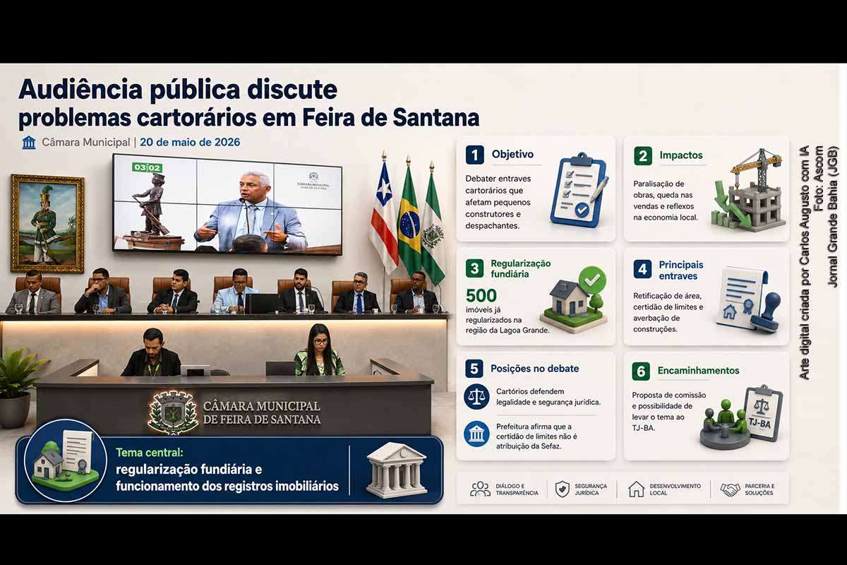 A Câmara Municipal de Feira de Santana realizou audiência pública, em 20/05/2026, para discutir problemas cartorários que afetam pequenos construtores, despachantes e proprietários. O debate abordou regularização fundiária, certidão de limites, retificação de áreas, averbação de construções e impactos econômicos. Representantes dos cartórios, Prefeitura, OAB e vereadores defenderam diálogo técnico, segurança jurídica e possíveis encaminhamentos ao TJ-BA.