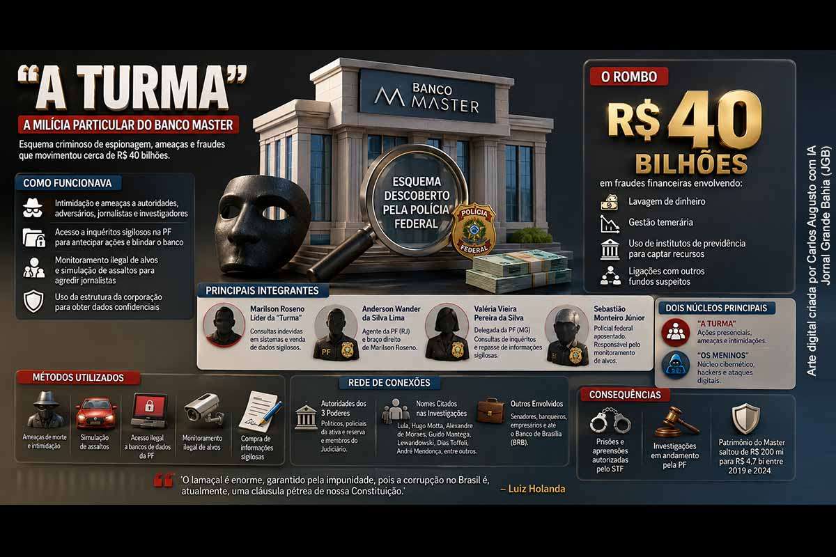Infográfico ilustra esquema atribuído ao Banco Master, com suspeitas de espionagem, intimidação, fraudes financeiras e conexões com autoridades investigadas pela PF.