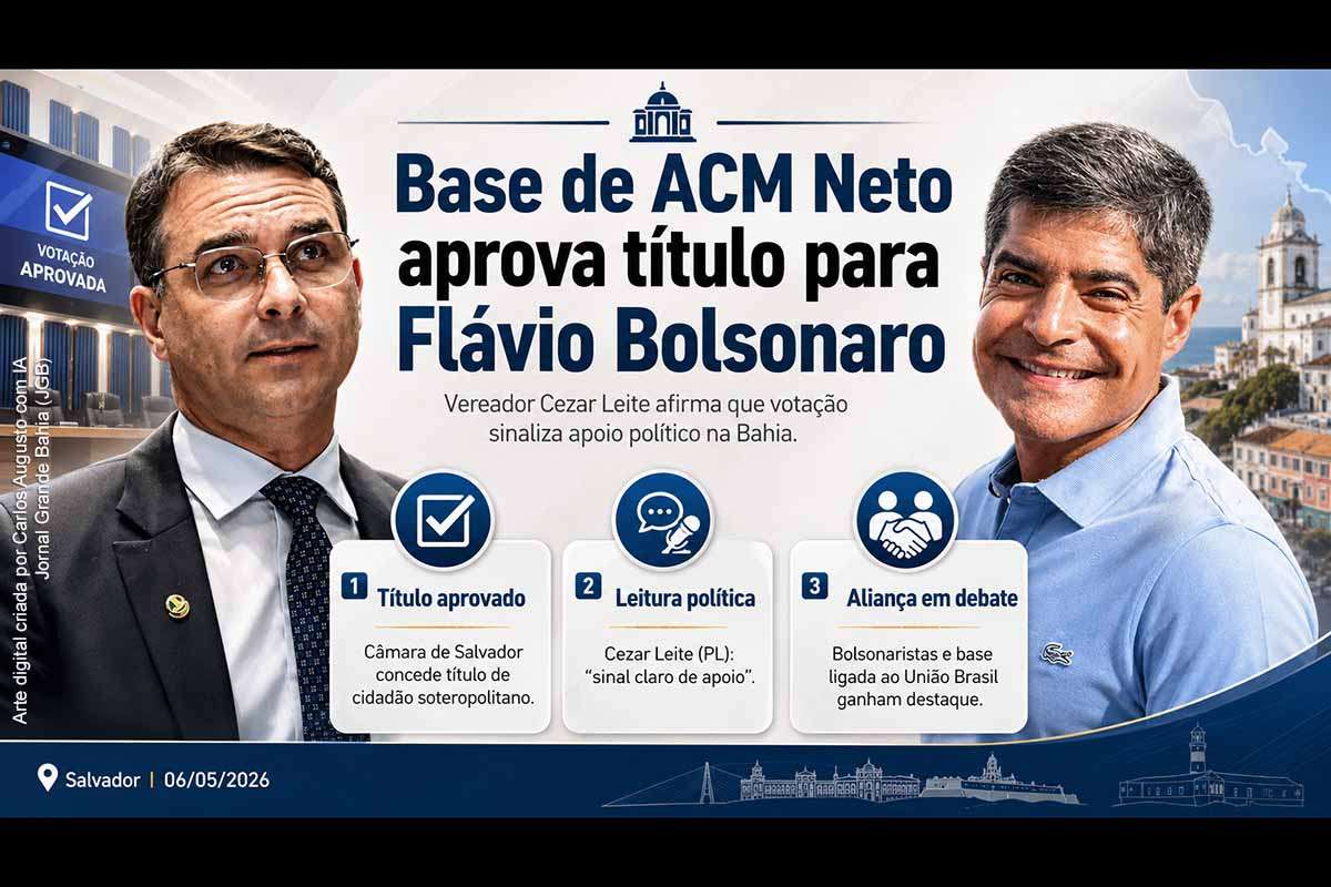 A Câmara Municipal de Salvador aprovou o título de cidadão soteropolitano para Flávio Bolsonaro, e o vereador Cezar Leite interpretou a votação como sinal de apoio de parte da base de ACM Neto ao senador. A declaração reforça a movimentação do PL na Bahia e aproxima o episódio da disputa eleitoral de 2026. A votação, porém, não representa confirmação formal de aliança partidária.