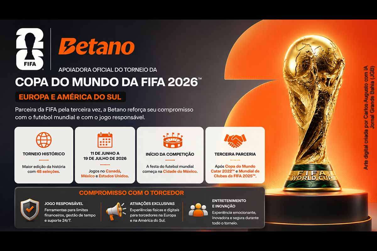 A Betano foi anunciada como apoiadora oficial da Copa do Mundo da FIFA 2026™ para a Europa e a América do Sul, em nova parceria com a FIFA. O torneio será realizado entre 11 de junho e 19 de julho de 2026, no Canadá, México e Estados Unidos, com 48 seleções. A empresa promete ações digitais e presenciais, além de ferramentas de jogo responsável para os torcedores.