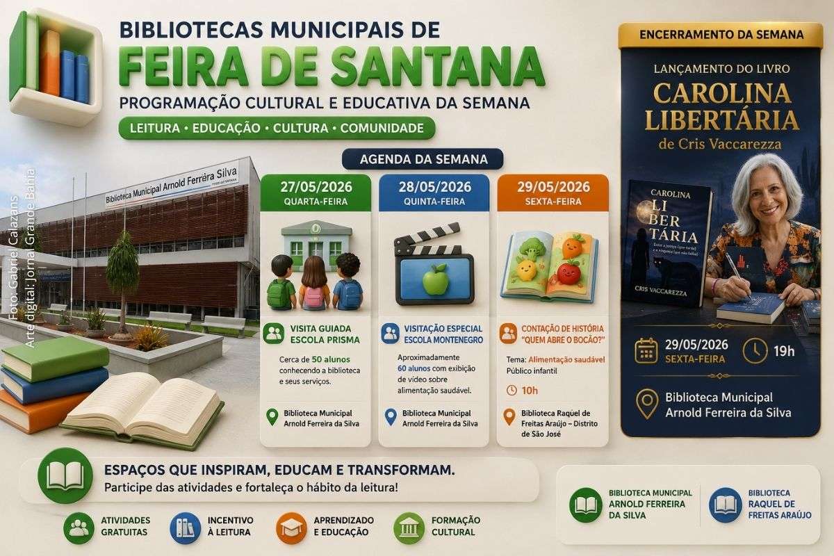 Programação cultural nas bibliotecas Arnold Ferreira da Silva e Raquel de Freitas Araújo reúne estudantes, atividades educativas e lançamento literário em Feira de Santana.