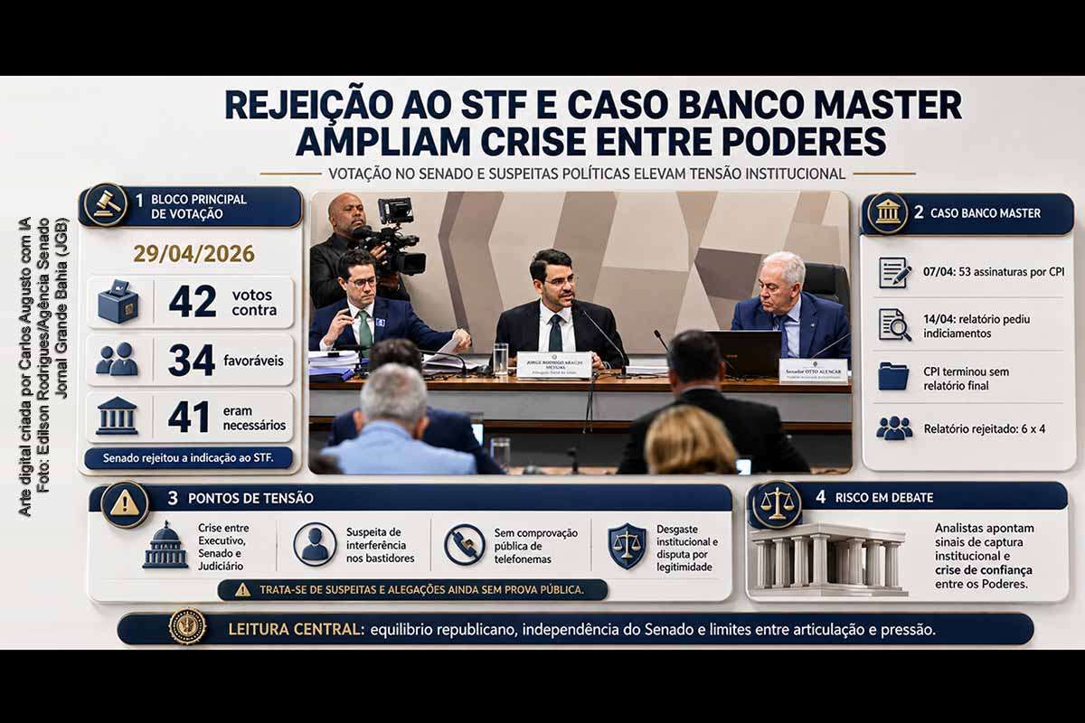 A rejeição de Jorge Messias ao STF em 29/04/2026, por 42 votos a 34, ocorreu em meio à tensão entre Senado, Planalto e Supremo, agravada pelo caso Banco Master e por pedidos de investigação envolvendo ministros da Corte. A suspeita de interferência judicial na votação, ainda não comprovada até 02/05/2026, reforça o debate sobre separação de Poderes e a tese crítica da Cleptocracia Autocrática Judicial no Brasil.